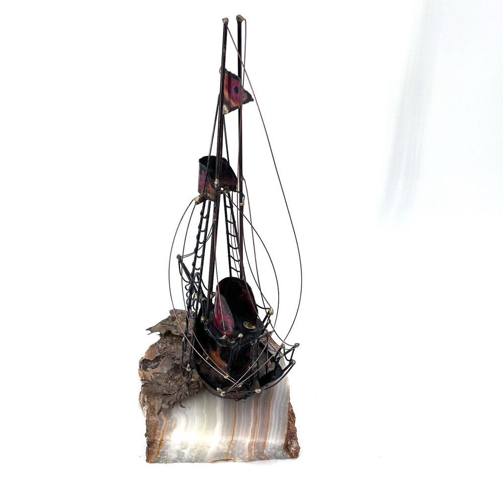 Vintage Nautical Decor Sculpture Copper Metal Sailboat On Marble Stone Base - Picture 5 of 10